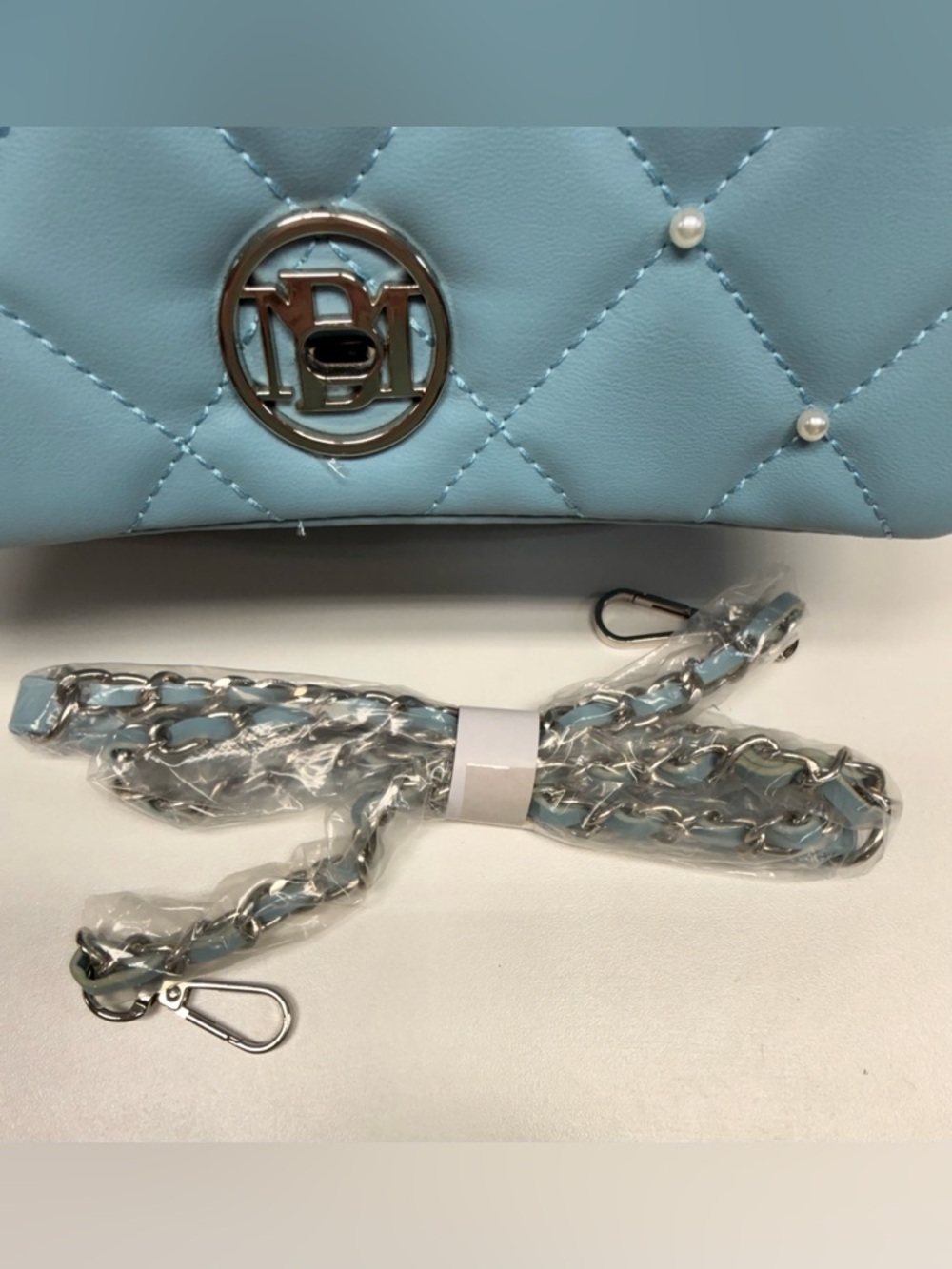 Badgley Mischka Quilted Pearl-Embellished Shoulder Bag - Light Blue. NWT - Picture 6 of 6